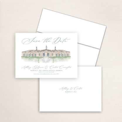 Custom watercolor Save the Date card featuring hand-painted venue illustration of the Stables at Foxhall Resort in Douglasville, Georgia, personalized wedding stationery with elegant venue artwork. 