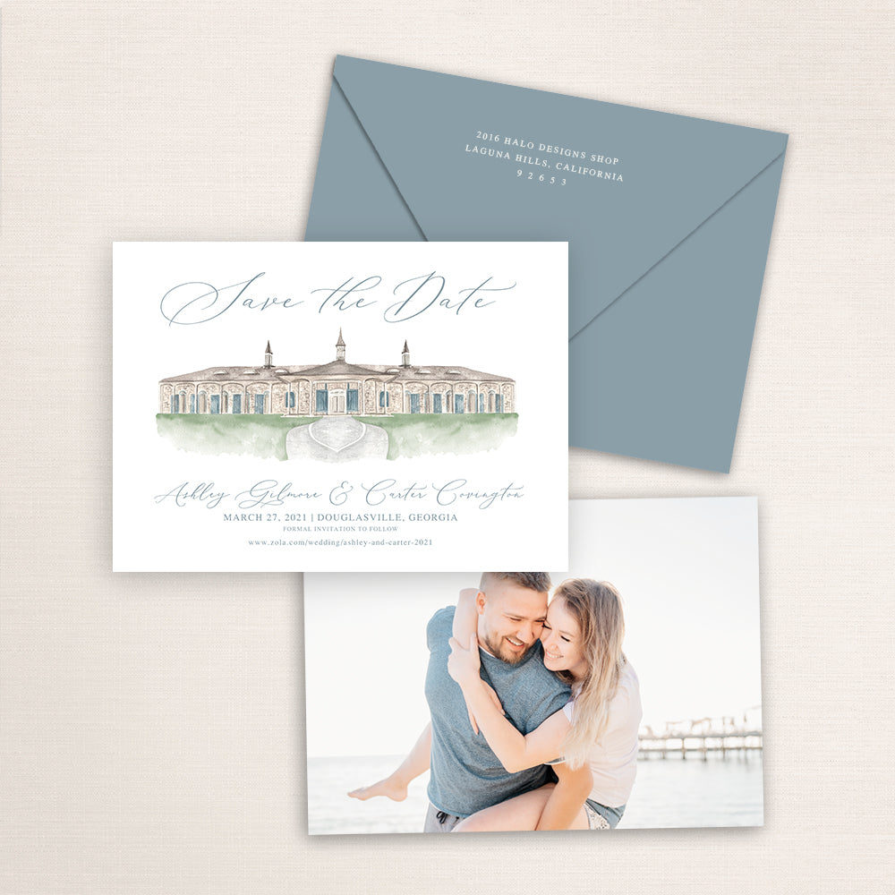 Custom watercolor Save the Date card featuring hand-painted venue illustration of the Stables at Foxhall Resort in Douglasville, Georgia, personalized wedding stationery with elegant venue artwork with matching envelope.