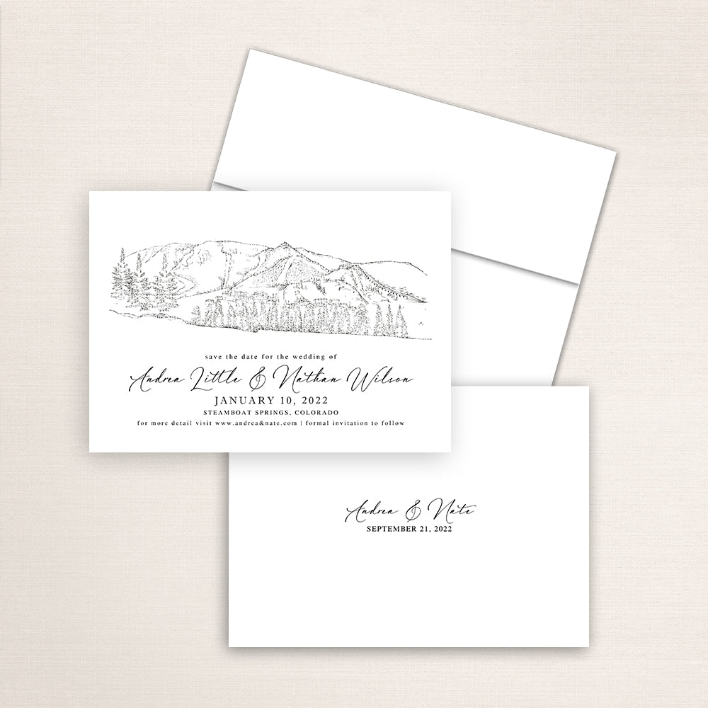 Custom Sketch Save the Date card featuring hand-drawn venue illustration of Steamboat Springs in Colorado, personalized wedding stationery with elegant venue artwork. 