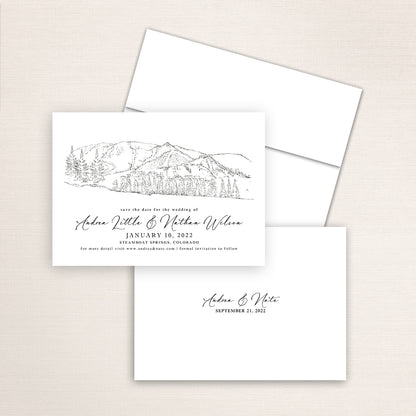 Custom Sketch Save the Date card featuring hand-drawn venue illustration of Steamboat Springs in Colorado, personalized wedding stationery with elegant venue artwork. 