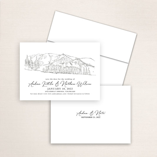 Custom Sketch Save the Date card featuring hand-drawn venue illustration of Steamboat Springs in Colorado, personalized wedding stationery with elegant venue artwork. 