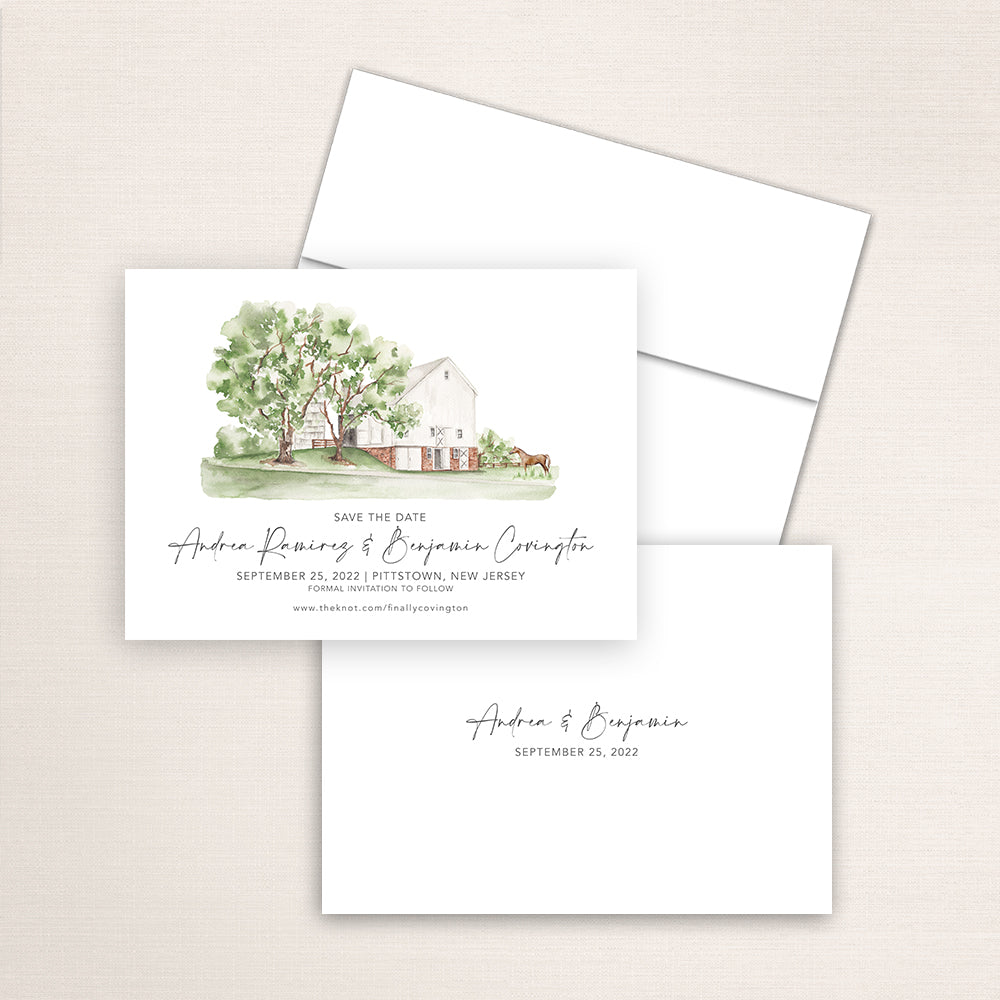 Custom watercolor Save the Date card featuring hand-painted venue illustration of Sterlingbrook Farm in Pittstown, New Jersey, personalized wedding stationery with elegant venue artwork. 