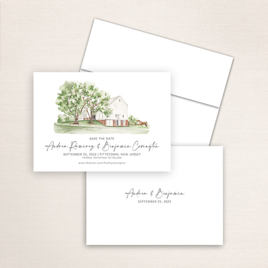 Custom watercolor Save the Date card featuring hand-painted venue illustration of Sterlingbrook Farm in Pittstown, New Jersey, personalized wedding stationery with elegant venue artwork. 