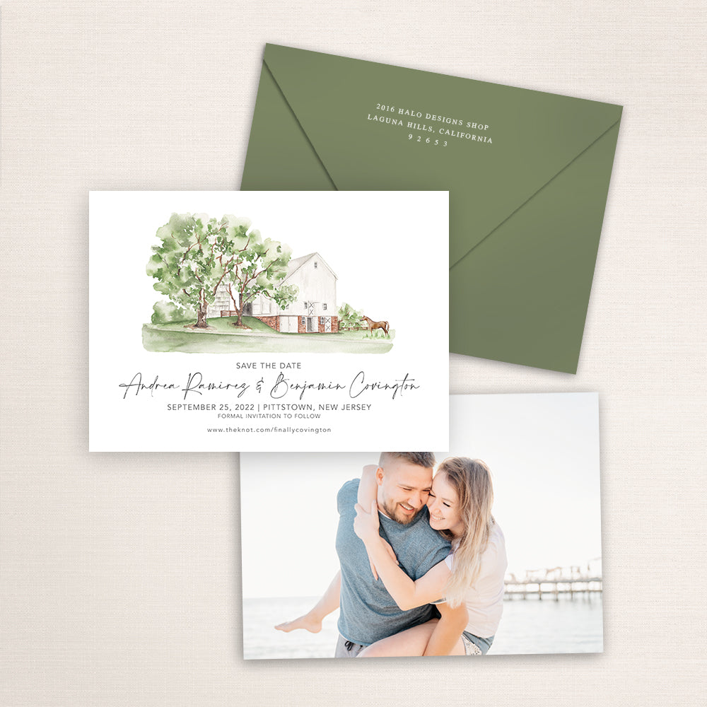 Custom watercolor Save the Date card featuring hand-painted venue illustration of Sterlingbrook Farm in Pittstown, New Jersey, personalized wedding stationery with elegant venue artwork with matching envelope.