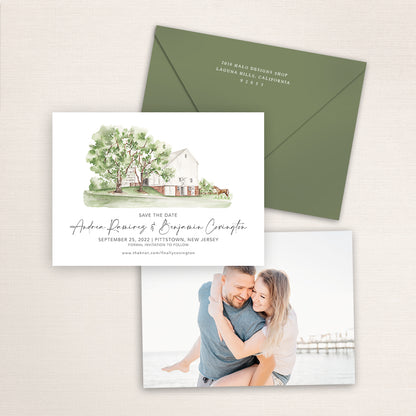 Custom watercolor Save the Date card featuring hand-painted venue illustration of Sterlingbrook Farm in Pittstown, New Jersey, personalized wedding stationery with elegant venue artwork with matching envelope.