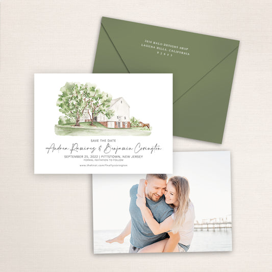 Custom watercolor Save the Date card featuring hand-painted venue illustration of Sterlingbrook Farm in Pittstown, New Jersey, personalized wedding stationery with elegant venue artwork with matching envelope.