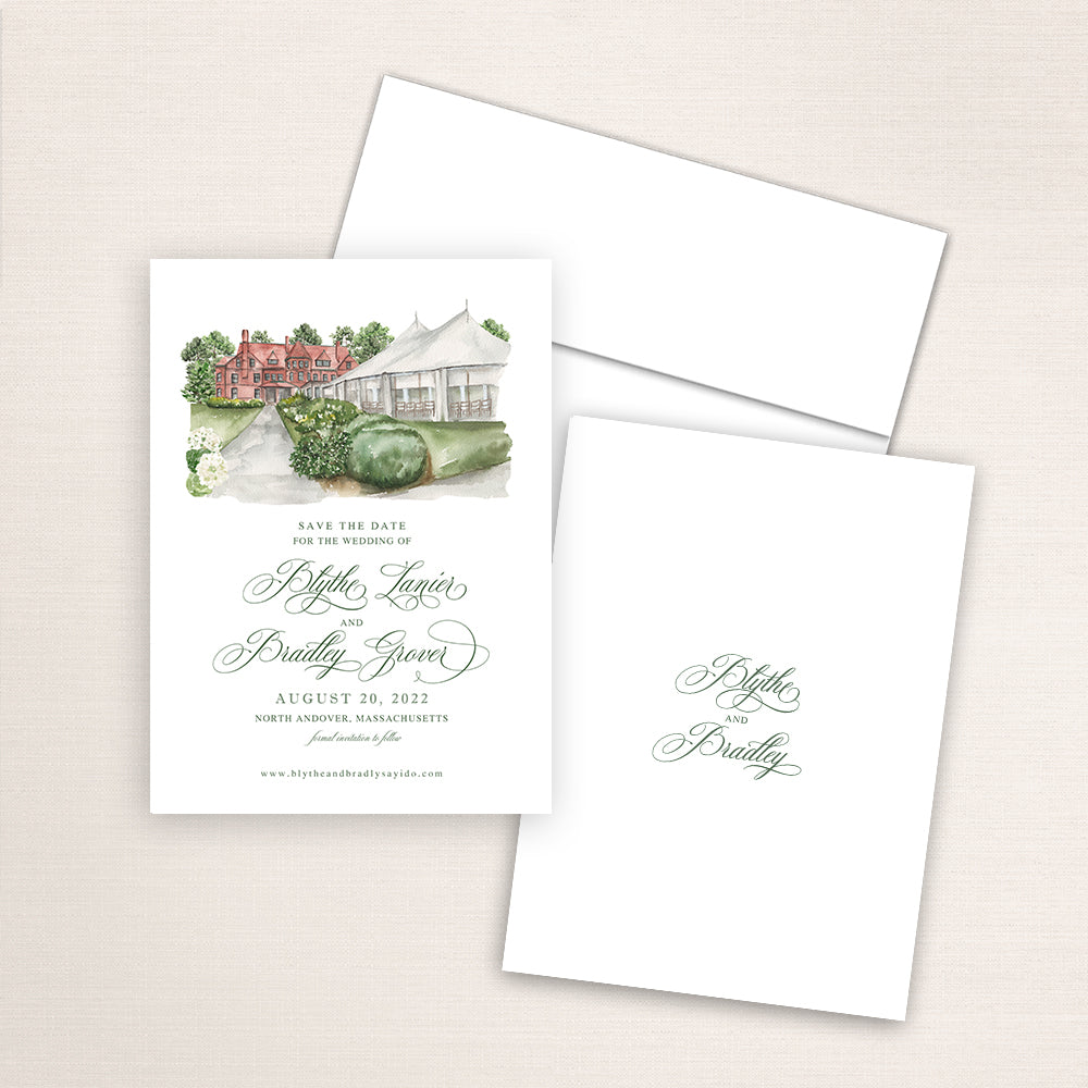 Custom watercolor Save the Date card featuring hand-painted venue illustration of Stevens Estate in North Andover, Massachusetts, personalized wedding stationery with elegant venue artwork. 