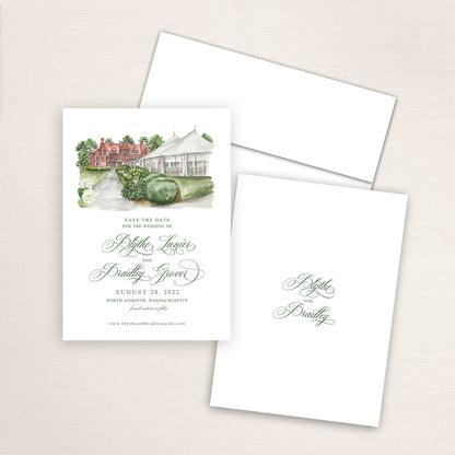 Custom watercolor Save the Date card featuring hand-painted venue illustration of Stevens Estate in North Andover, Massachusetts, personalized wedding stationery with elegant venue artwork. 