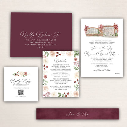 Wedding invitation suite with watercolor illustration of the Stone House at Sterling Ridge, burgundy envelope, and floral details card.