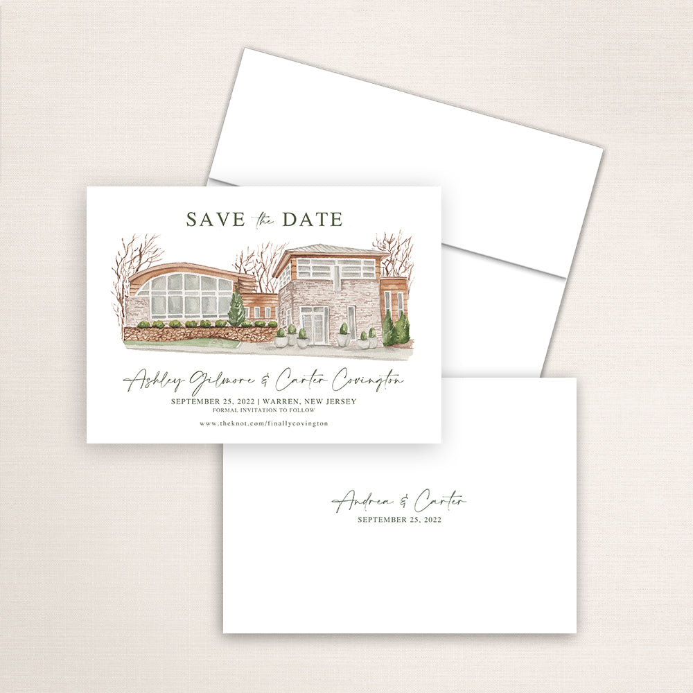 Custom watercolor Save the Date card featuring hand-painted venue illustration of Stone House at Stirling Ridge in Warren, New Jersey, personalized wedding stationery with elegant venue artwork.