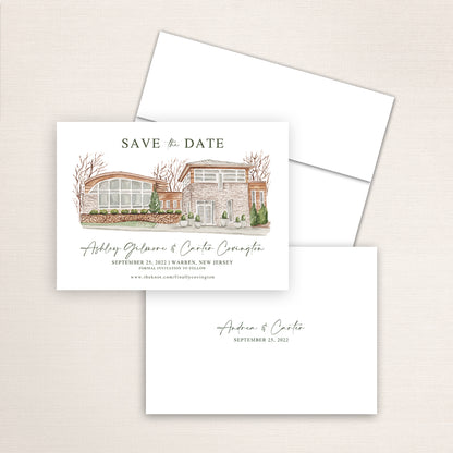 Custom watercolor Save the Date card featuring hand-painted venue illustration of Stone House at Stirling Ridge in Warren, New Jersey, personalized wedding stationery with elegant venue artwork.