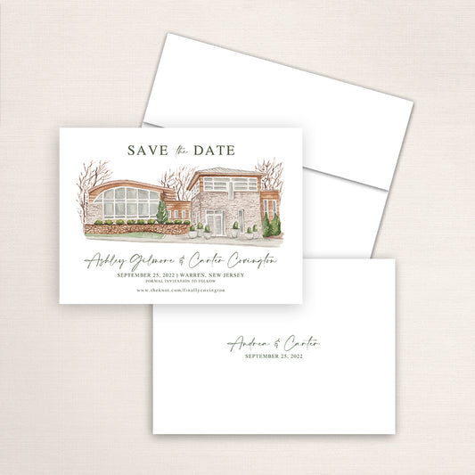 Custom watercolor Save the Date card featuring hand-painted venue illustration of Stone House at Stirling Ridge in Warren, New Jersey, personalized wedding stationery with elegant venue artwork.