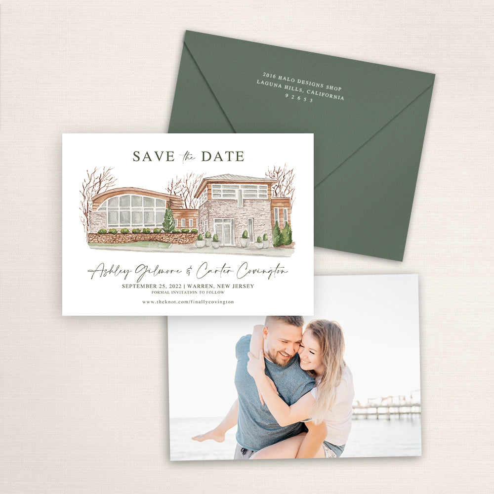 Custom watercolor Save the Date card featuring hand-painted venue illustration of Stone House at Stirling Ridge in Warren, New Jersey, personalized wedding stationery with elegant venue artwork with matching envelope.