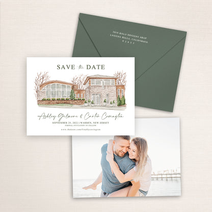 Custom watercolor Save the Date card featuring hand-painted venue illustration of Stone House at Stirling Ridge in Warren, New Jersey, personalized wedding stationery with elegant venue artwork with matching envelope.