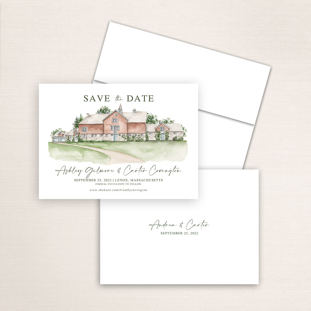 Custom watercolor Save the Date card featuring hand-painted venue illustration of Stonover Farm in Lenox, Massachusetts, personalized wedding stationery with elegant venue artwork. 