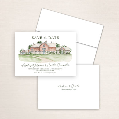 Custom watercolor Save the Date card featuring hand-painted venue illustration of Stonover Farm in Lenox, Massachusetts, personalized wedding stationery with elegant venue artwork. 