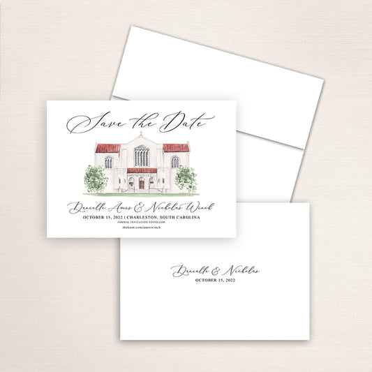 Custom watercolor Save the Date card featuring hand-painted venue illustration of Summerall Chapel in Charleston, South Carolina, personalized wedding stationery with elegant venue artwork. 