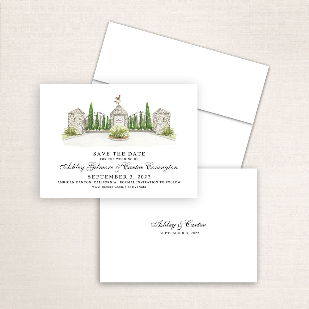 Custom watercolor Save the Date card featuring hand-painted venue illustration of Sunrise Ranch in American Canyon, California, personalized wedding stationery with elegant venue artwork. 