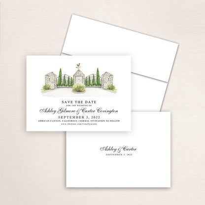 Custom watercolor Save the Date card featuring hand-painted venue illustration of Sunrise Ranch in American Canyon, California, personalized wedding stationery with elegant venue artwork. 