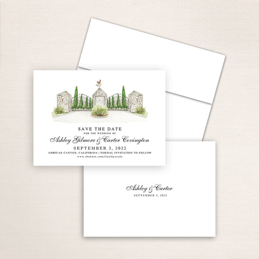 Custom watercolor Save the Date card featuring hand-painted venue illustration of Sunrise Ranch in American Canyon, California, personalized wedding stationery with elegant venue artwork. 