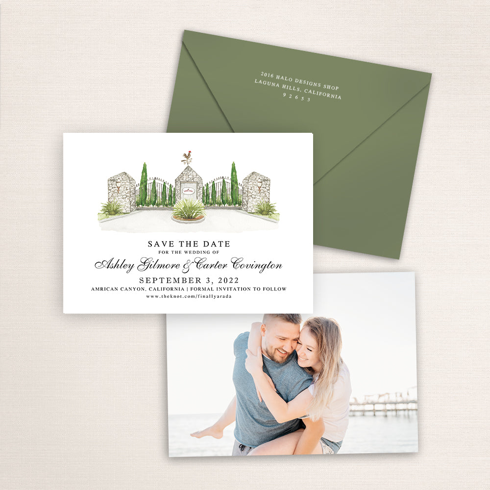 Custom watercolor Save the Date card featuring hand-painted venue illustration of Sunrise Ranch in American Canyon, California, personalized wedding stationery with elegant venue artwork with matching envelope.