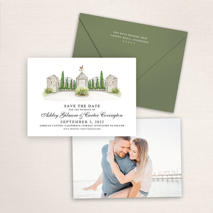 Custom watercolor Save the Date card featuring hand-painted venue illustration of Sunrise Ranch in American Canyon, California, personalized wedding stationery with elegant venue artwork with matching envelope.