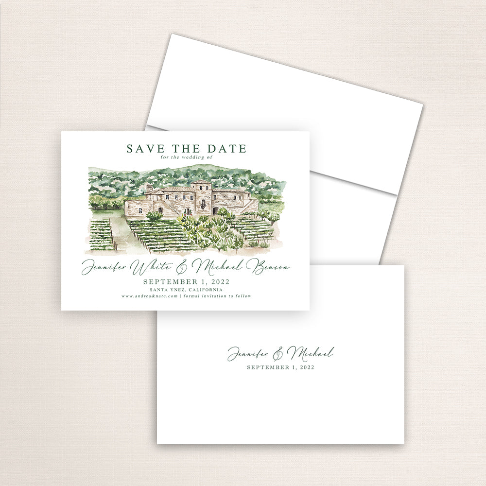 Custom watercolor Save the Date card featuring hand-painted venue illustration of Sunstone in Santa Ynez, California, personalized wedding stationery with elegant venue artwork. 