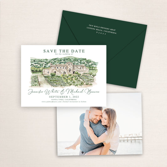 Custom watercolor Save the Date card featuring hand-painted venue illustration of Sunstone in Santa Ynez, California, personalized wedding stationery with elegant venue artwork with matching envelope.