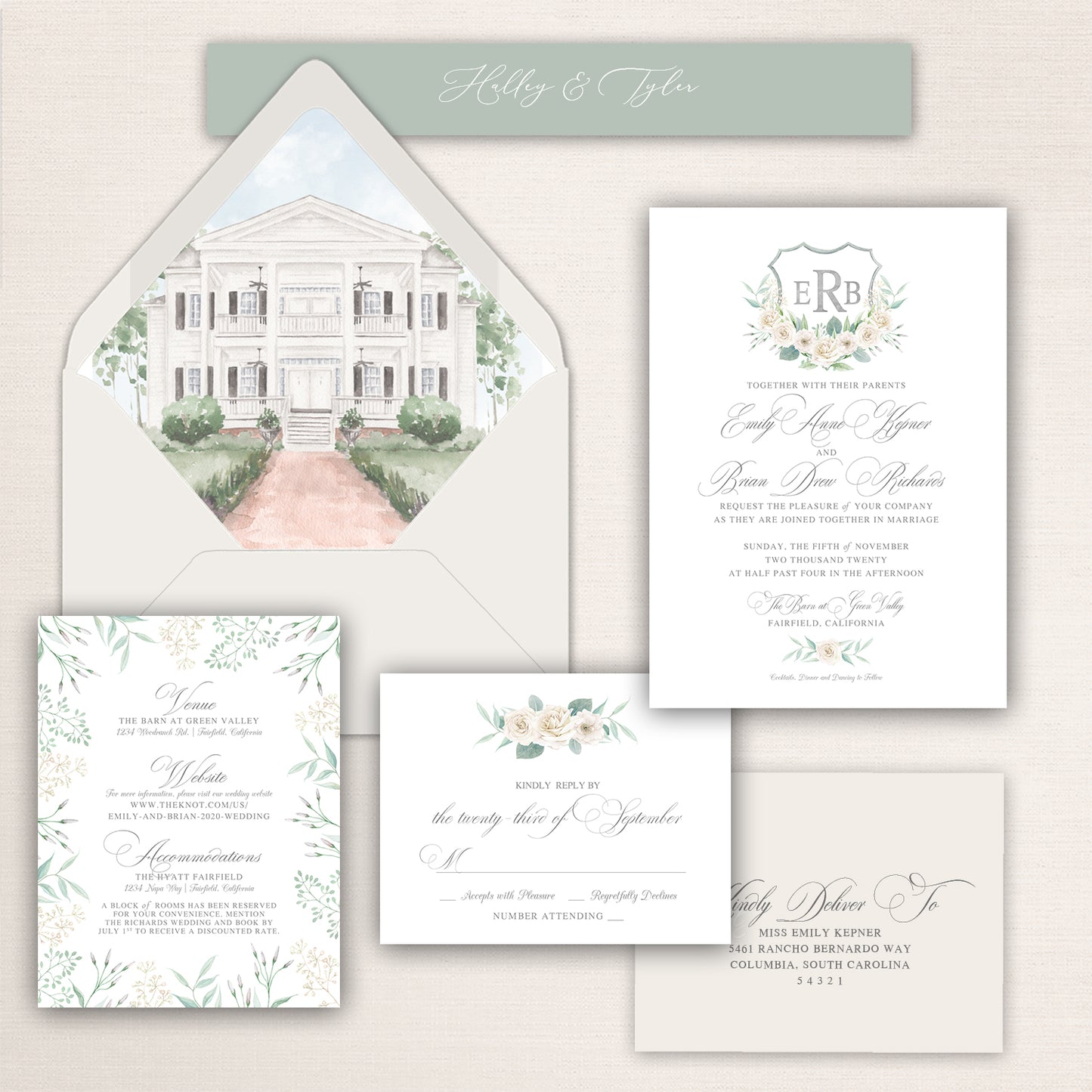 Soft sage green and ivory wedding invitation suite with watercolor plantation envelope liner, floral crest invitation card, botanical details insert, floral RSVP card, coordinating belly band with script names, and elegant neutral typography for a romantic Southern wedding.