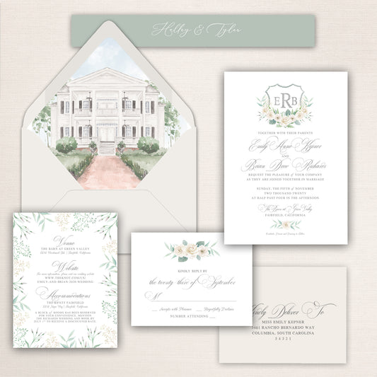 Soft sage green and ivory wedding invitation suite with watercolor plantation envelope liner, floral crest invitation card, botanical details insert, floral RSVP card, coordinating belly band with script names, and elegant neutral typography for a romantic Southern wedding.