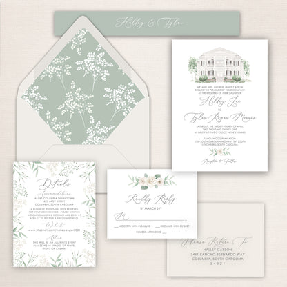 Romantic sage green wedding invitation suite featuring a white botanical pattern envelope liner, watercolor plantation venue illustration invitation, floral details card, RSVP card with ivory roses, coordinating address envelope, and refined calligraphy typography in soft neutral tones.