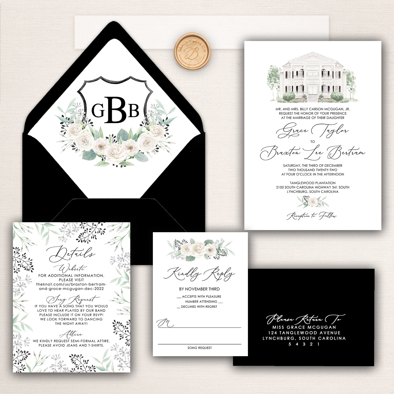 Elegant black and white plantation wedding invitation suite featuring a watercolor illustration of Tanglewood Plantation, black envelope with floral monogram liner, formal invitation card with calligraphy typography, floral details card, RSVP card with ivory rose accents, gold wax seal monogram, and black return address envelope.