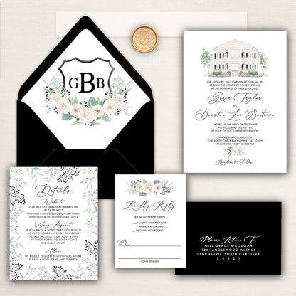 Elegant black and white plantation wedding invitation suite featuring a watercolor illustration of Tanglewood Plantation, black envelope with floral monogram liner, formal invitation card with calligraphy typography, floral details card, RSVP card with ivory rose accents, gold wax seal monogram, and black return address envelope.