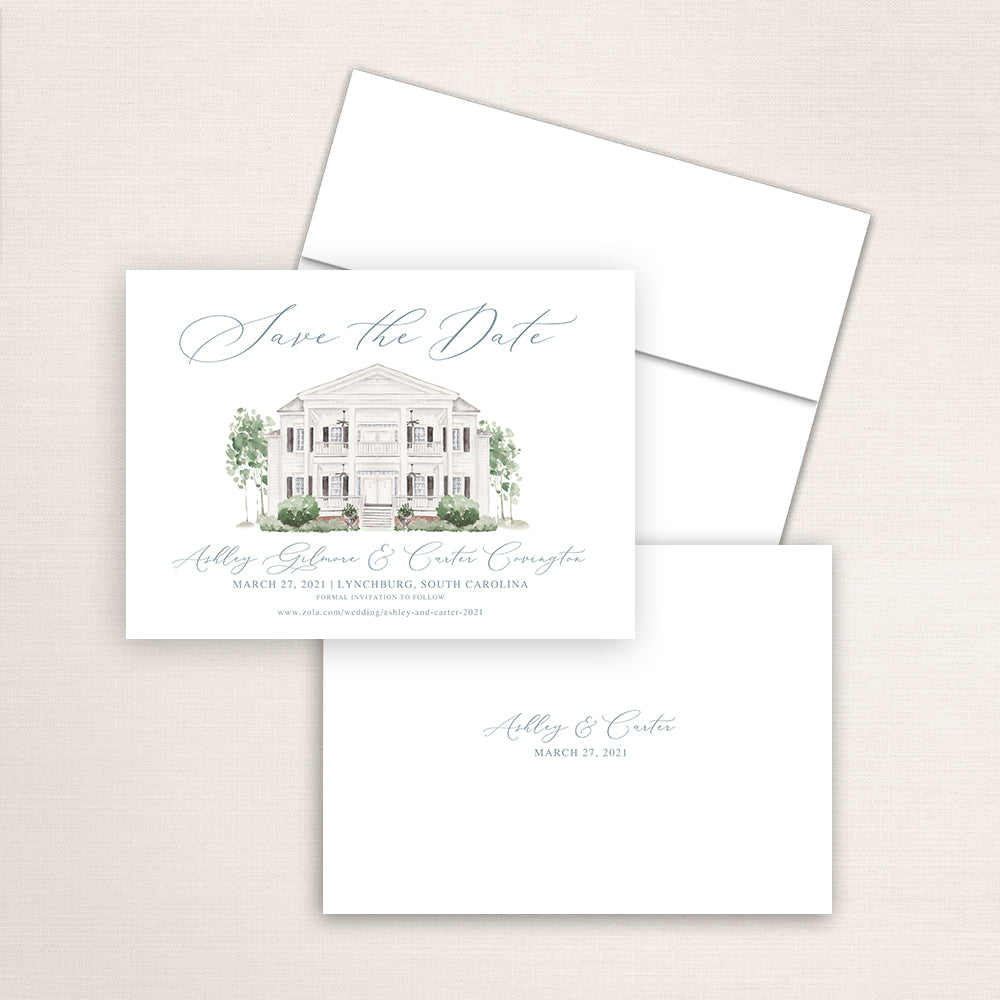 Custom watercolor Save the Date card featuring hand-painted venue illustration of Tanglewood Plantation in Lynchburg, South Carolina, personalized wedding stationery with elegant venue artwork. 
