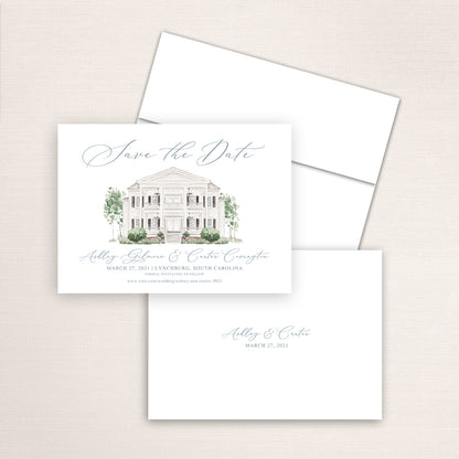Custom watercolor Save the Date card featuring hand-painted venue illustration of Tanglewood Plantation in Lynchburg, South Carolina, personalized wedding stationery with elegant venue artwork. 