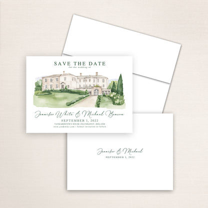 Custom watercolor Save the Date card featuring hand-painted venue illustration of Tankardstown House in Rathkenny, Ireland, personalized wedding stationery with elegant venue artwork. 