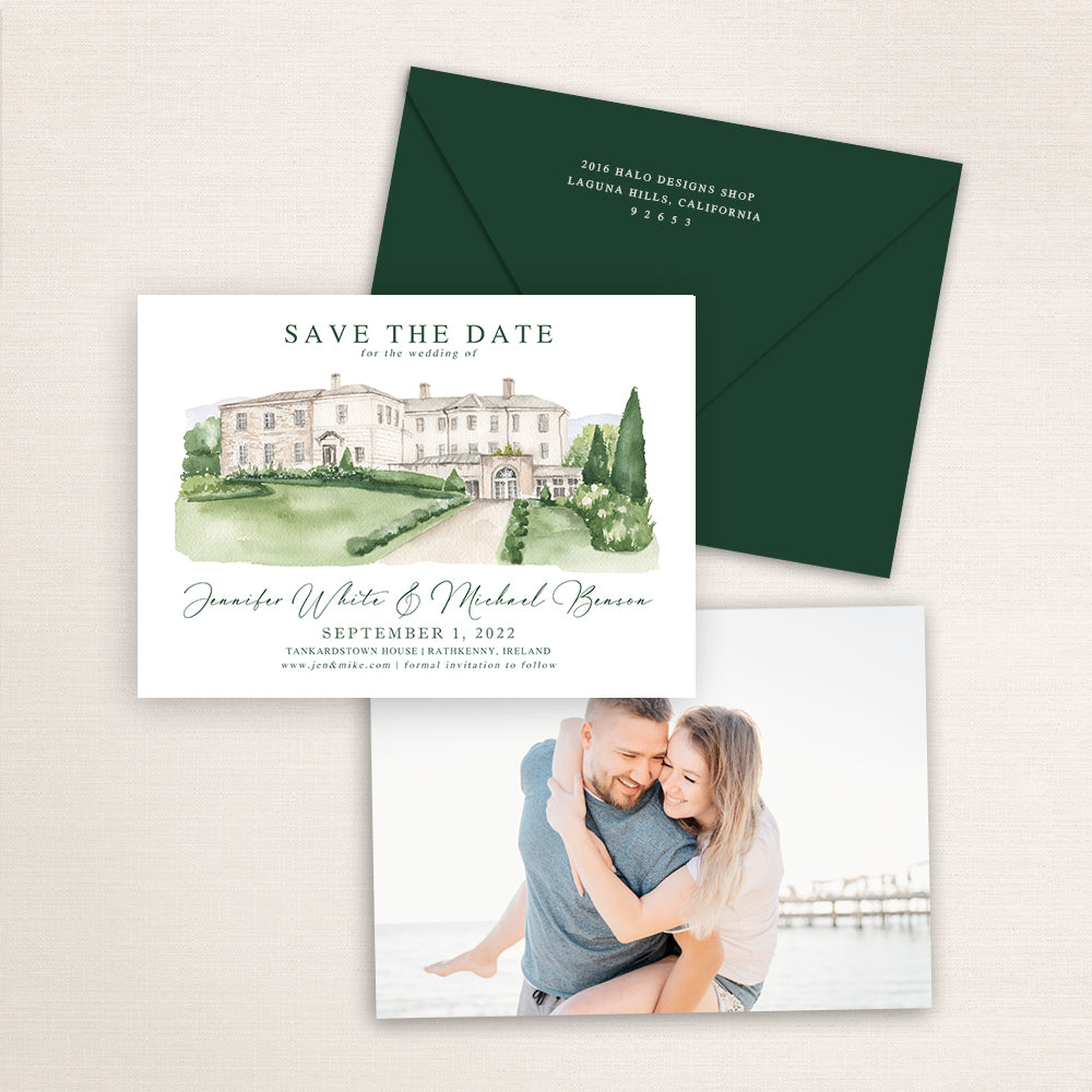 Custom watercolor Save the Date card featuring hand-painted venue illustration of Tankardstown House in Rathkenny, Ireland, personalized wedding stationery with elegant venue artwork with matching envelope.
