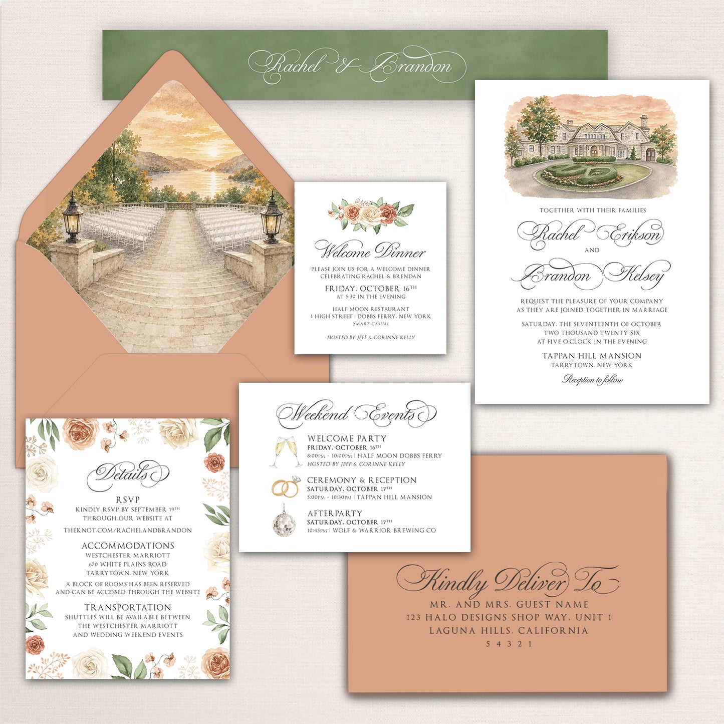 Elegant Tappan Hill Mansion wedding invitation suite in warm peach, sage green, cream, and terracotta. The formal invitation features a hand-painted watercolor illustration of Tappan Hill Mansion in Tarrytown, New York. A terracotta envelope opens to reveal a custom watercolor liner depicting an outdoor wedding ceremony overlooking the Hudson River at sunset. Coordinating pieces include a floral details card, welcome dinner invitation, illustrated wedding weekend events card, and matching addressed envelope