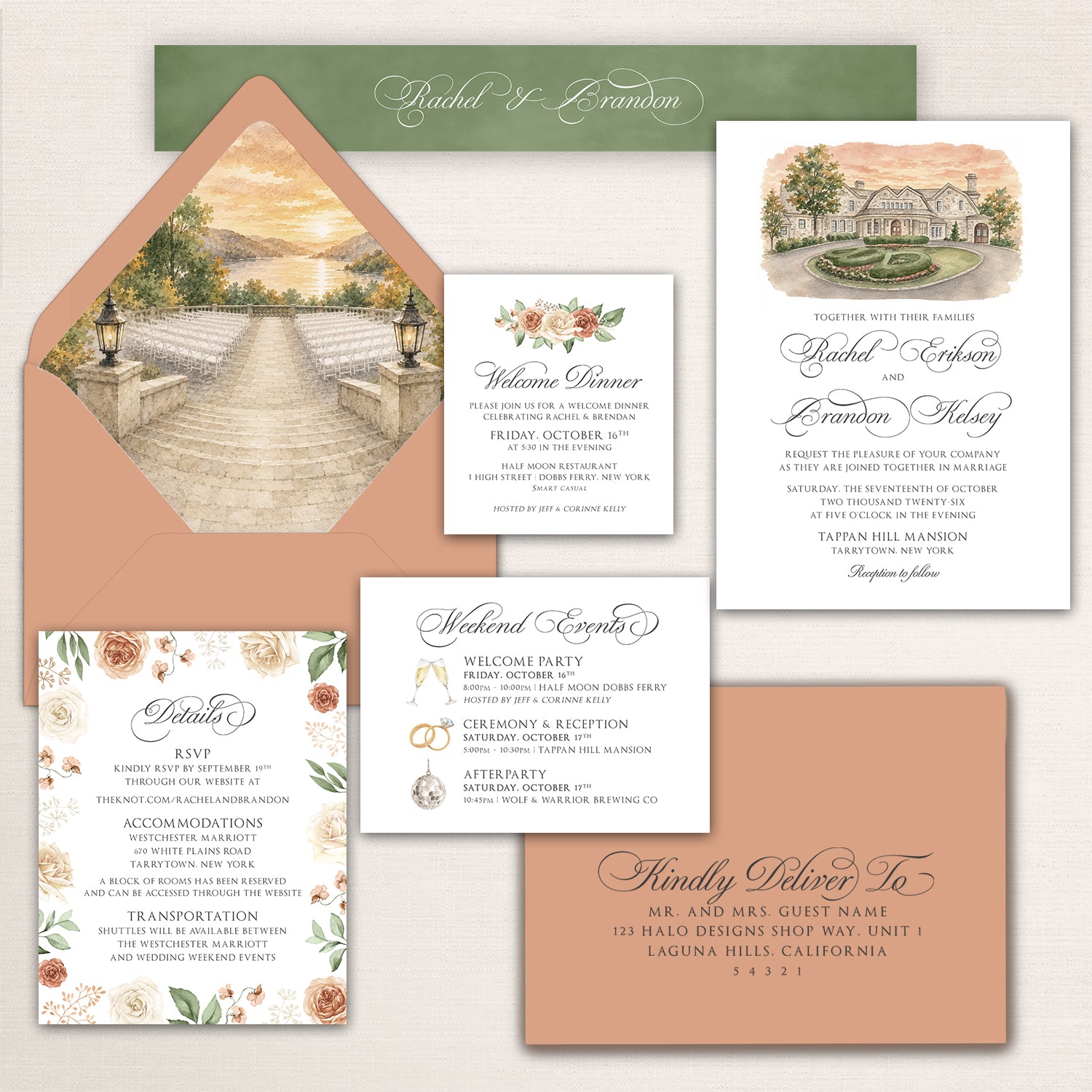 Elegant Tappan Hill Mansion wedding invitation suite in warm peach, sage green, cream, and terracotta. The formal invitation features a hand-painted watercolor illustration of Tappan Hill Mansion in Tarrytown, New York. A terracotta envelope opens to reveal a custom watercolor liner depicting an outdoor wedding ceremony overlooking the Hudson River at sunset. Coordinating pieces include a floral details card, welcome dinner invitation, illustrated wedding weekend events card, and matching addressed envelope