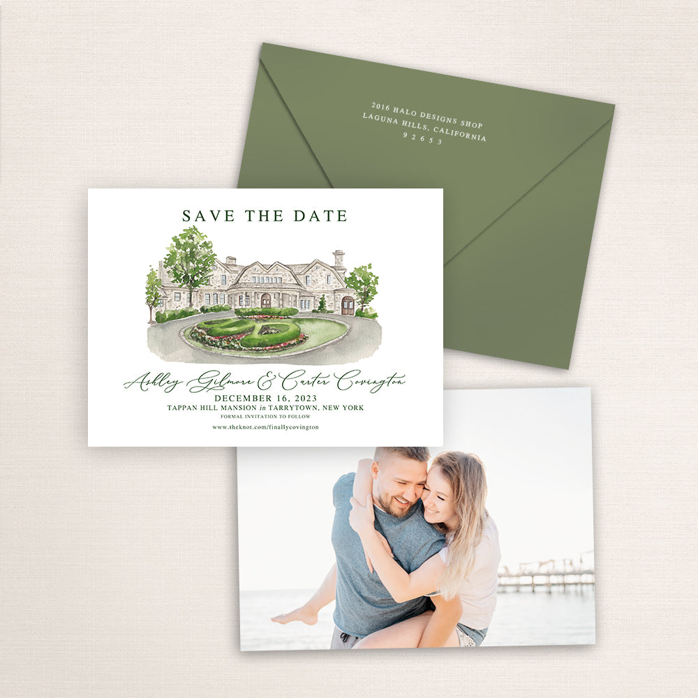 Custom watercolor Save the Date card featuring hand-painted venue illustration of Tappan Hill Mansion in Tarrytown, New York, personalized wedding stationery with elegant venue artwork with matching envelope.