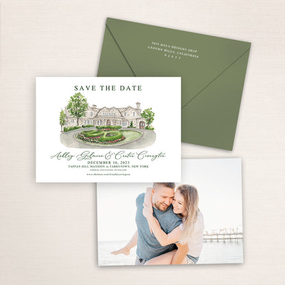 Custom watercolor Save the Date card featuring hand-painted venue illustration of Tappan Hill Mansion in Tarrytown, New York, personalized wedding stationery with elegant venue artwork with matching envelope.