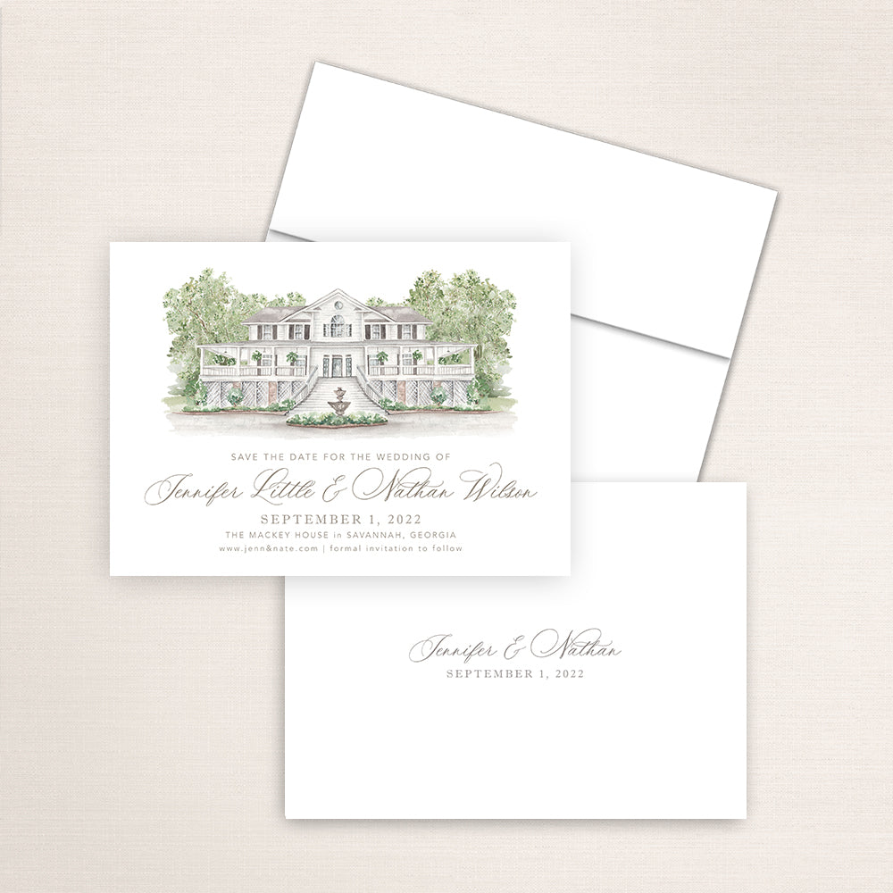 Hand-painted watercolor of the Mackey House in Savannah, Georgia, printed on a save the date announcement.