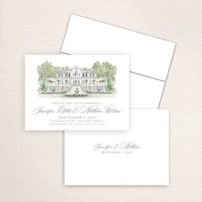 Hand-painted watercolor of the Mackey House in Savannah, Georgia, printed on a save the date announcement.