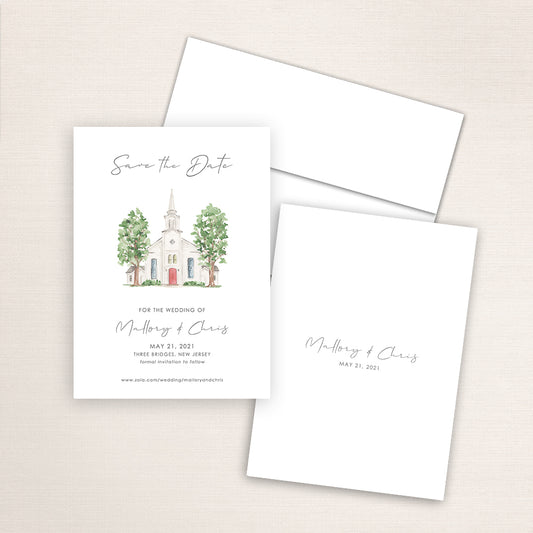 Custom watercolor Save the Date card featuring hand-painted venue illustration of Three Bridges Reformed Church in New Jersey personalized wedding stationery with elegant venue artwork. 