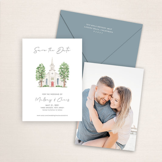 Custom watercolor Save the Date card featuring hand-painted venue illustration of Three Bridges Reformed Church in New Jersey personalized wedding stationery with elegant venue artwork with matching envelope.