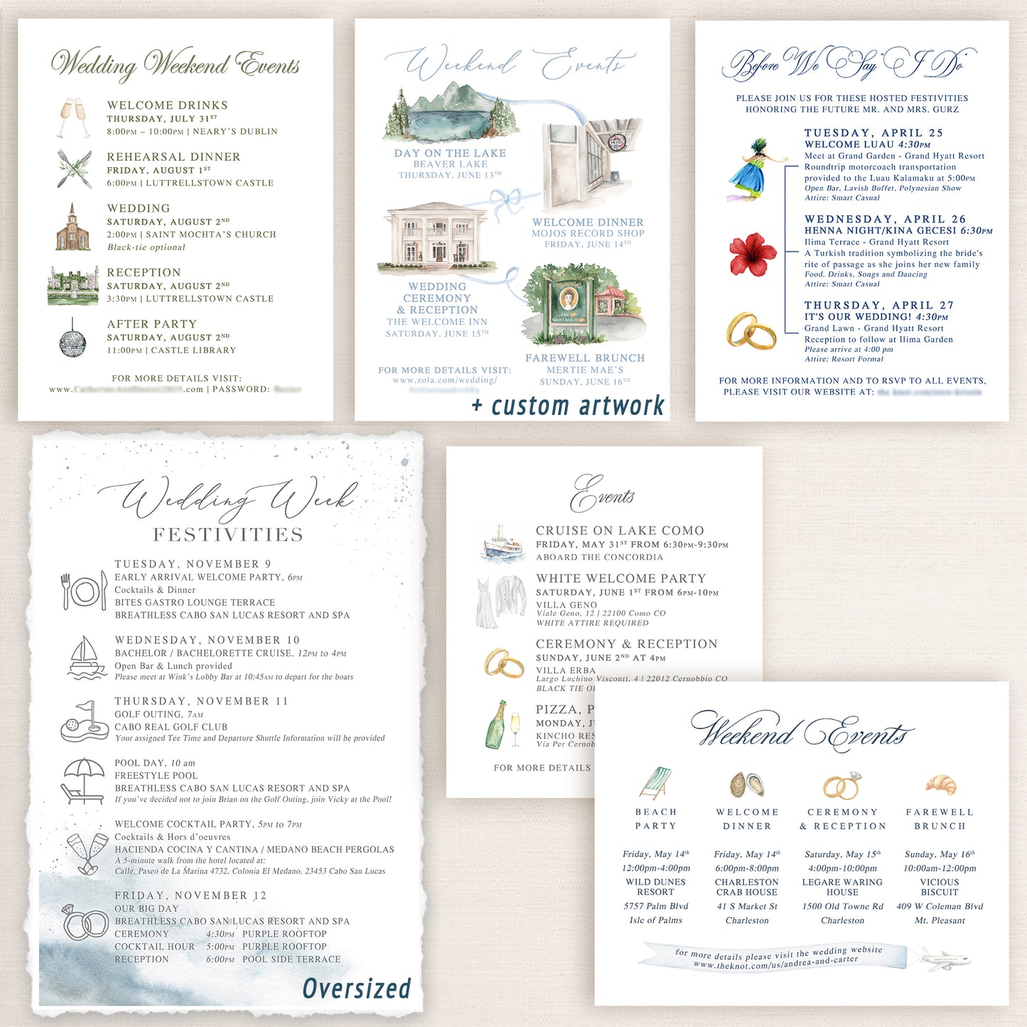 Wedding invitation timeline cards featuring wedding weekend events including welcome drinks, the ceremony, cocktail hour, dinner, dancing, and reception, after party, farewell brunch, etc. 