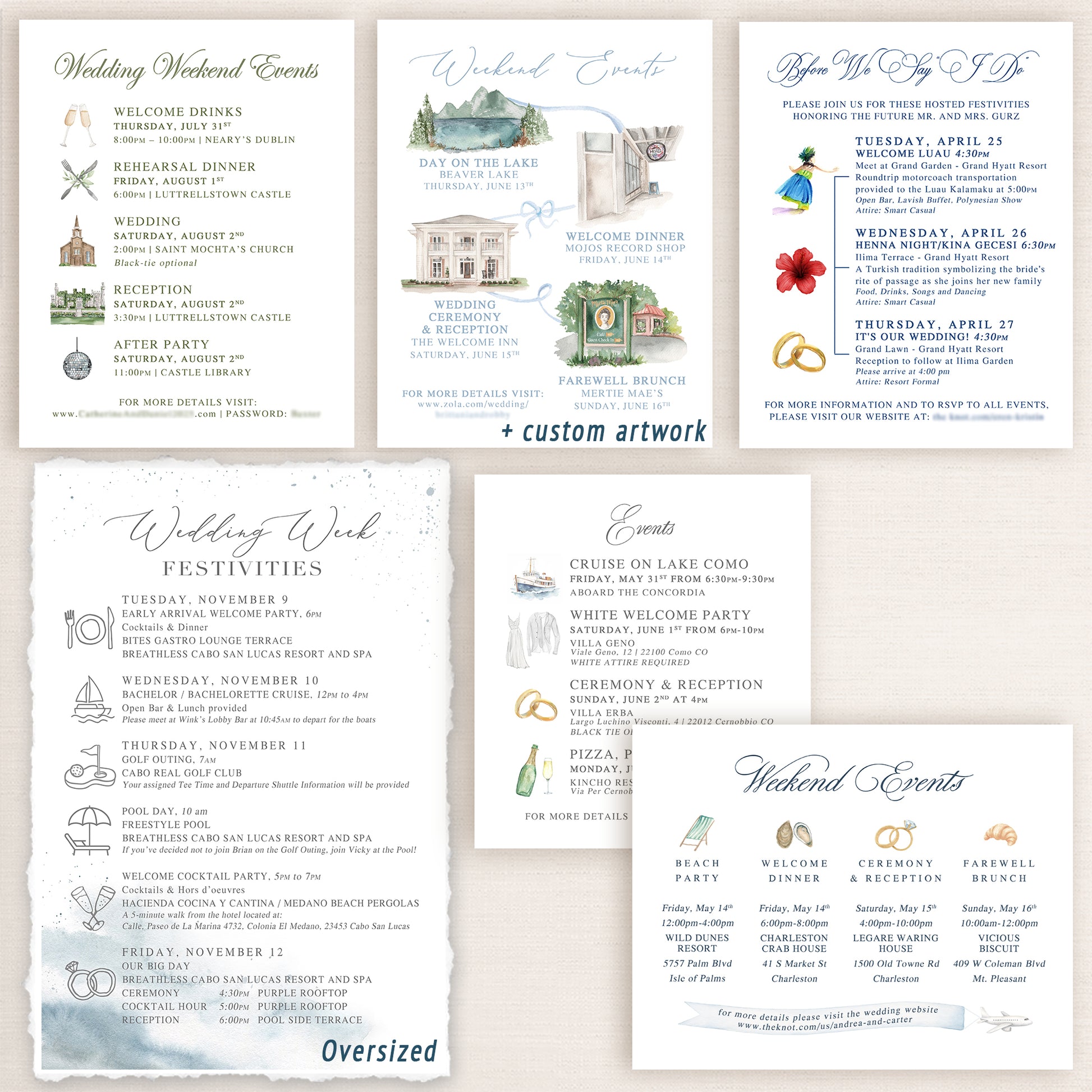 Wedding invitation timeline cards featuring wedding weekend events including welcome drinks, the ceremony, cocktail hour, dinner, dancing, and reception, after party, farewell brunch, etc. 