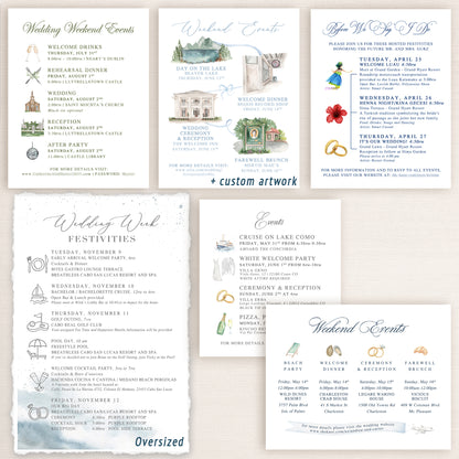 Wedding invitation timeline cards featuring wedding weekend events including welcome drinks, the ceremony, cocktail hour, dinner, dancing, and reception, after party, farewell brunch, etc. 