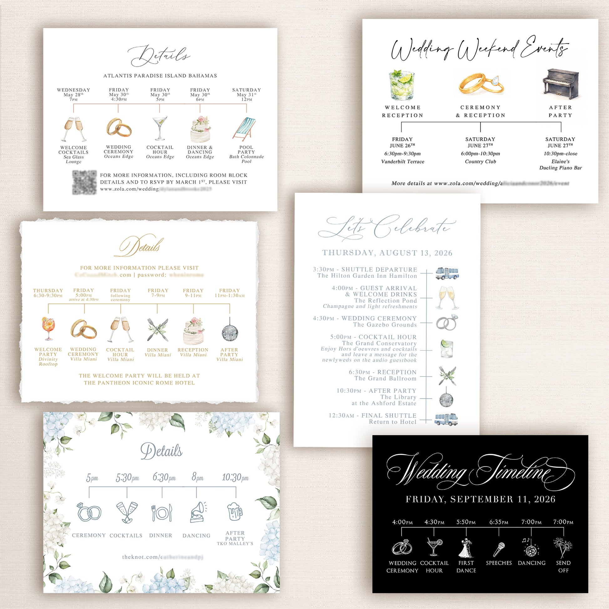 Wedding invitation timeline cards featuring custom designs that display the ceremony, cocktail hour, dinner, dancing, and reception schedule as well as any other weekend events.