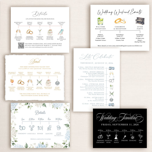Wedding invitation timeline cards featuring custom designs that display the ceremony, cocktail hour, dinner, dancing, and reception schedule as well as any other weekend events.